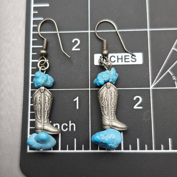 Western Boot Earrings | Faux Turquoise Dangle | Pewter Finish | 2.25" VTG - Picture 4 of 5
